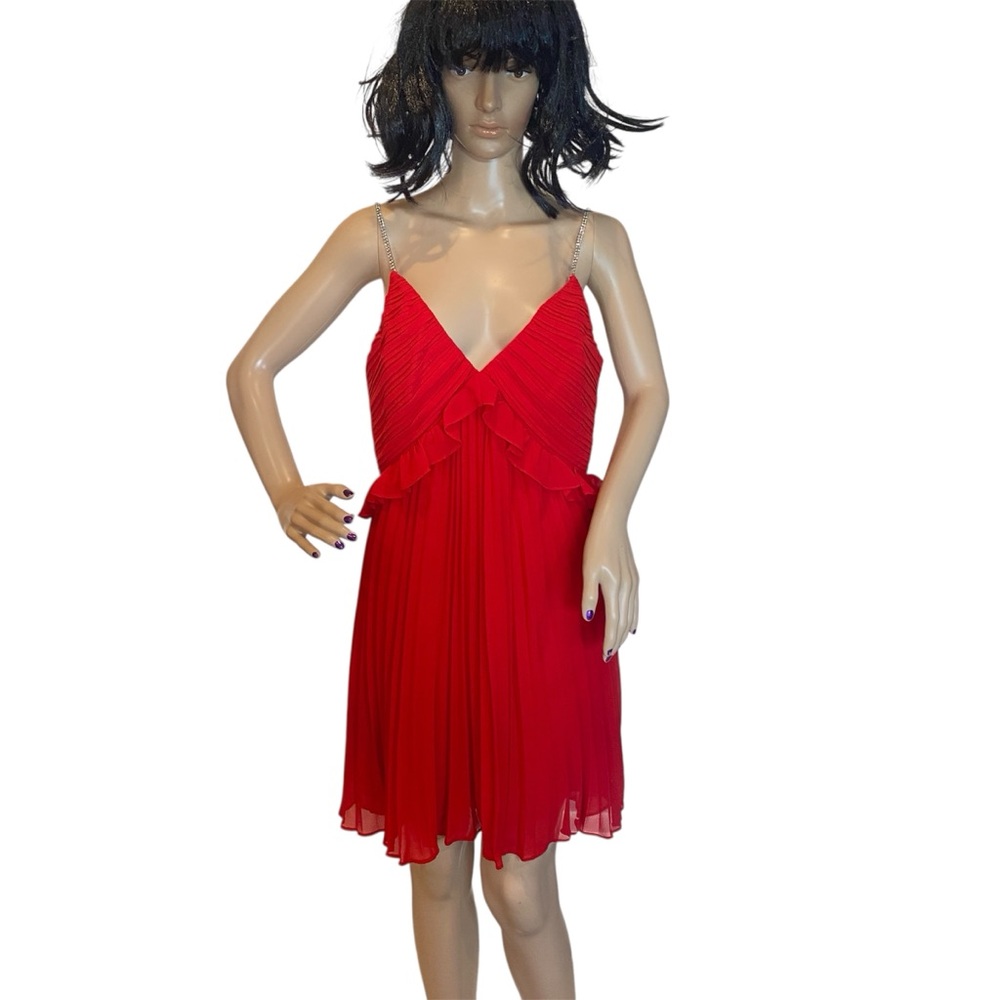 MICHAEL Michael Kors Red Pleated Ruffled Dress Rhinestone Chain Strap Size 8 NWT